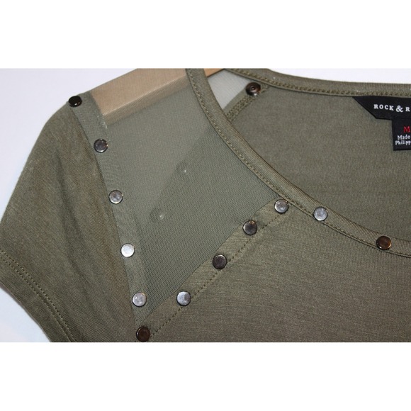 Rock & Republic Olive Green Top Studded Sheer Shoulder Casual Blouse - Picture 3 of 4